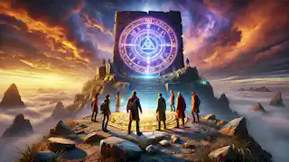 En la cima de la isla, los exploradores se encuentran ante un antiguo portal resplandeciente, rodeado por un dramático cielo de tonos naranjas y morados.