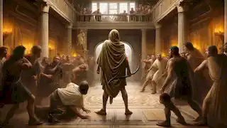 Odysseus spannt seinen Bogen in der großen Halle und bereitet sich darauf vor, sich den Freiern zu stellen, die sein Heim überrannt haben.