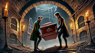 El narrador y Roderick Usher colocan el ataúd de Lady Madeline en la oscura y húmeda cripta.