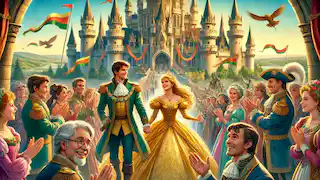 Rapunzel y el príncipe regresan a un gran castillo, donde son recibidos por sus alegres padres.