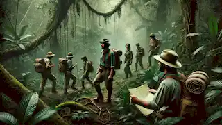Los exploradores avanzan a través de la densa vegetación de la selva amazónica, siguiendo a su guía más profundo en la wilderness.