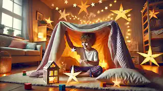 Un niño sonríe dentro de un fuerte hecho de mantas decorado con luces, sumido en su imaginación.