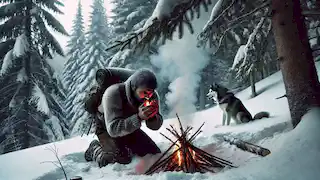 El hombre arrodillado en la nieve, tratando de encender un fuego bajo árboles cargados de nieve, mientras el husky observa en el fondo.