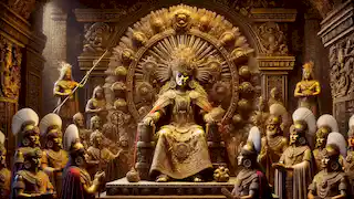 El Señor de Sipán sentado en todo su esplendor, ataviado con vestiduras reales y adornado con oro, rodeado de asistentes en una sala ceremonial.