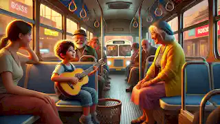Amir e sua avó assistem a um músico de rua tocando violão em um ônibus.