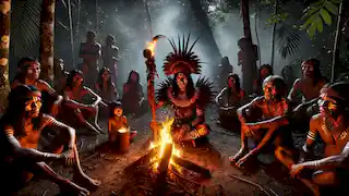Xamã yanomami realizando um ritual espiritual à noite, com brasas cintilantes enquanto os aldeões observam.