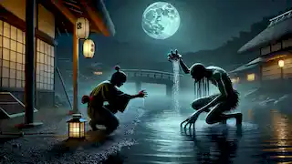 Kenta se inclina ante el Kappa, lo que hace que el agua se derrame de su cabeza, debilitándolo bajo la luz de la luna.