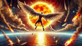 Las alas de Ícaro se derriten mientras vuela demasiado cerca del sol, las plumas cayendo mientras Dédalo observa desde lejos.