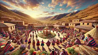 Pobladores aymaras celebrando un festival agrícola en honor a Pachamama en un pueblo montañés.