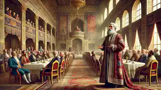 Bahram hält stolz eine Rede vor desinteressierten Gästen in seinem prunkvollen Bankettsaal, der mit Luxus und Pracht gefüllt ist.