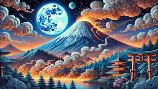 El Monte Fuji emite humo del Elixir de la Inmortalidad quemado y de la carta del Emperador.