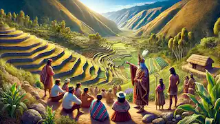 Viracocha enseña a los habitantes de los Andes sobre la agricultura en una altiplanicie.