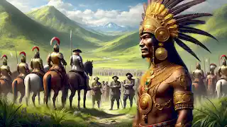 El pueblo muisca, adornado con joyas de oro, se encuentra por primera vez con los conquistadores españoles.