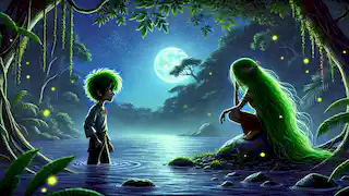 Thiago se queda hipnotizado en la orilla del agua, observando a Yara peinándose el cabello verde sobre una roca a la luz de la luna.
