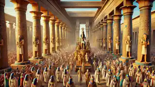 Festival de Opet en el Templo de Karnak, con fieles y sacerdotes alrededor de la sagrada barca de Amón.