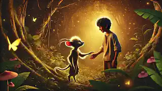 João y el Saci comparten un momento conmovedor, rodeados de una luz resplandeciente y luciérnagas en el bosque.