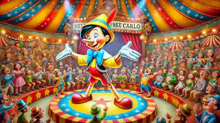Pinocho actuando en el circo con el público animando.