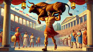 Milo de Croton levantando un toro adulto en los Juegos Olímpicos.