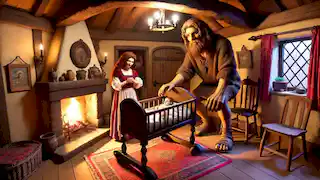 Oonagh disfraza a Fionn de bebé y lo coloca en una enorme cuna, mientras Benandonner observa con nerviosismo a través de la puerta de la cabaña irlandesa.