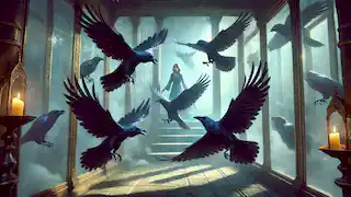 Siete cuervos vuelan hacia la cámara de la montaña de cristal mientras su hermana observa desde las sombras.