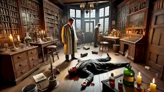 El Sr. Utterson y el Sr. Poole descubren el cuerpo sin vida del Sr. Hyde en el laboratorio del Dr. Jekyll.