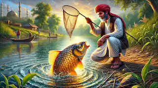 El pescador Ali sostiene un brillante pez dorado en la orilla del río, rodeado de vegetación exuberante y aguas centelleantes.