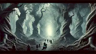 Ein unheimlicher, verzauberter Wald mit dichten Bäumen und dicker Nebel, während Prinz Kaveh und seine Krieger durch ihn hindurchziehen.