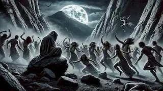 Pentheo observa disfrazado como las ménades realizan rituales salvajes en una oscura ladera de montaña iluminada por la luna.