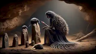 Die Ameisenigel trauert um den Verlust ihrer Kinder in ihrer Höhle, zusammengerollt in trauriger Gedankenvertiefung.