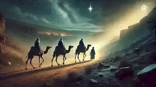 Tres reyes magos dejan Belén bajo el cielo estrellado, guiados por una advertencia divina para eludir al rey Herodes.