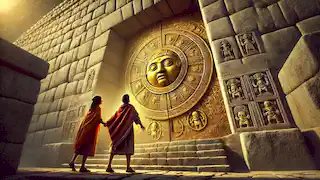 Amaru extiende la mano para abrir la puerta del disco solar dorado en Machu Picchu, mientras Tupac observa.