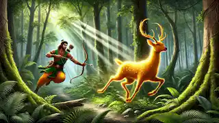 Rama persiguiendo el ciervo dorado en un denso bosque, con el arco tensado, mientras la luz del sol se filtra entre los árboles.