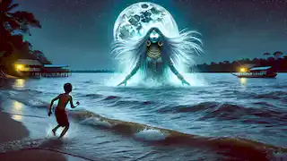 Un espíritu Yacuruna emerge del río Amazonas en la noche, mientras las aguas hierven, y Amaru retrocede asombrado.