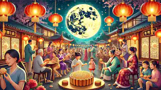 Las familias celebran el Festival de Medio Otoño, compartiendo pasteles de luna bajo la luna llena, con farolillos y decoraciones.