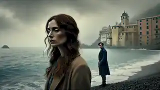 Nina se encuentra pensativa junto al mar, mientras el narrador la observa en silencio bajo un cielo gris mediterráneo.