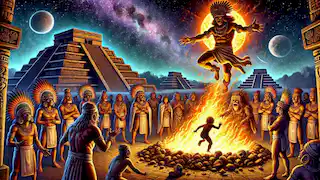 Nanahuatzin saltando a un gran fuego mientras Tecuciztecatl duda, con las pirámides de Teotihuacan al fondo.