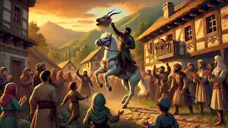 Rostam regresa al pueblo montado en Rakhsh, con la cabeza del Demonio Blanco, recibido por los aldeanos que celebran con alegría.