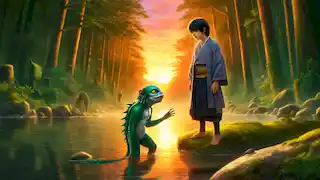 Hiroshi y el Kappa se despidieron en la orilla del río, mientras el cálido resplandor del atardecer se reflejaba en el agua.