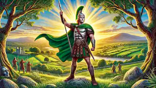 Cú Chulainn de pie, triunfante, simbolizando el heroísmo y la valentía.