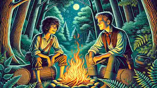 Huck Finn e Tom Sawyer sentados ao redor de uma fogueira à noite na floresta.