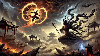 Nezha fliegt auf seinen Windfeuer-Rädern und kämpft gegen die Dämonin Shiji Niangniang, umgeben von dunkler magischer Energie.