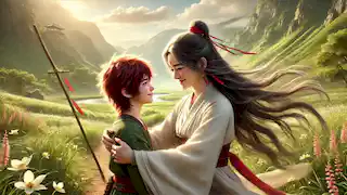 La Princesa del Abanico de Hierro abraza cálidamente a su hijo, el Niño Rojo, en un valle tranquilo, un momento de reconciliación y amor.