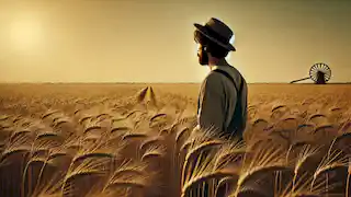 Un agricultor se encuentra en un campo de trigo dorado, contemplando el horizonte bajo un cielo despejado, esperando que sus cultivos crezcan.