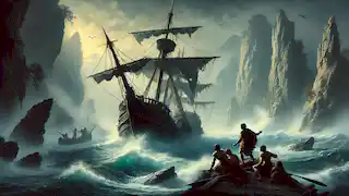 Das Schiff des Kallimachos prallt gegen die schroffen Felsen nahe den Inseln der Sirenen, während die Sirenen von oben singen.