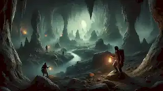 Los exploradores descienden a una cámara subterránea dentro de la cueva, donde se encuentran con extrañas formaciones rocosas y un manantial de agua que brilla.