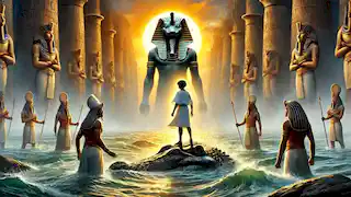 El joven príncipe Khamose se erige valientemente ante Sobek, quien detiene el ritual sacrificial, mientras las aguas del Nilo se agitan con magia.