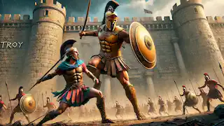 Aquiles avanza con determinación hacia Héctor, frente a las murallas de Troya, ambos guerreros listos para una confrontación final.