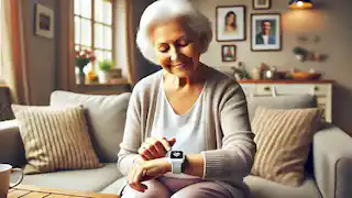 Una mujer anciana usando el dispositivo Memo en una acogedora sala de estar, sonriendo mientras este le ofrece un recordatorio suave.