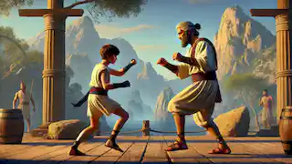 El joven Melankomas practica boxeo con su padre, de fondo, la hermosa región de Caria.