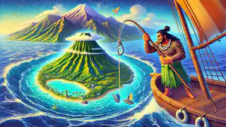 Maui usa seu anzol mágico para puxar a Ilha do Norte das profundezas do oceano.